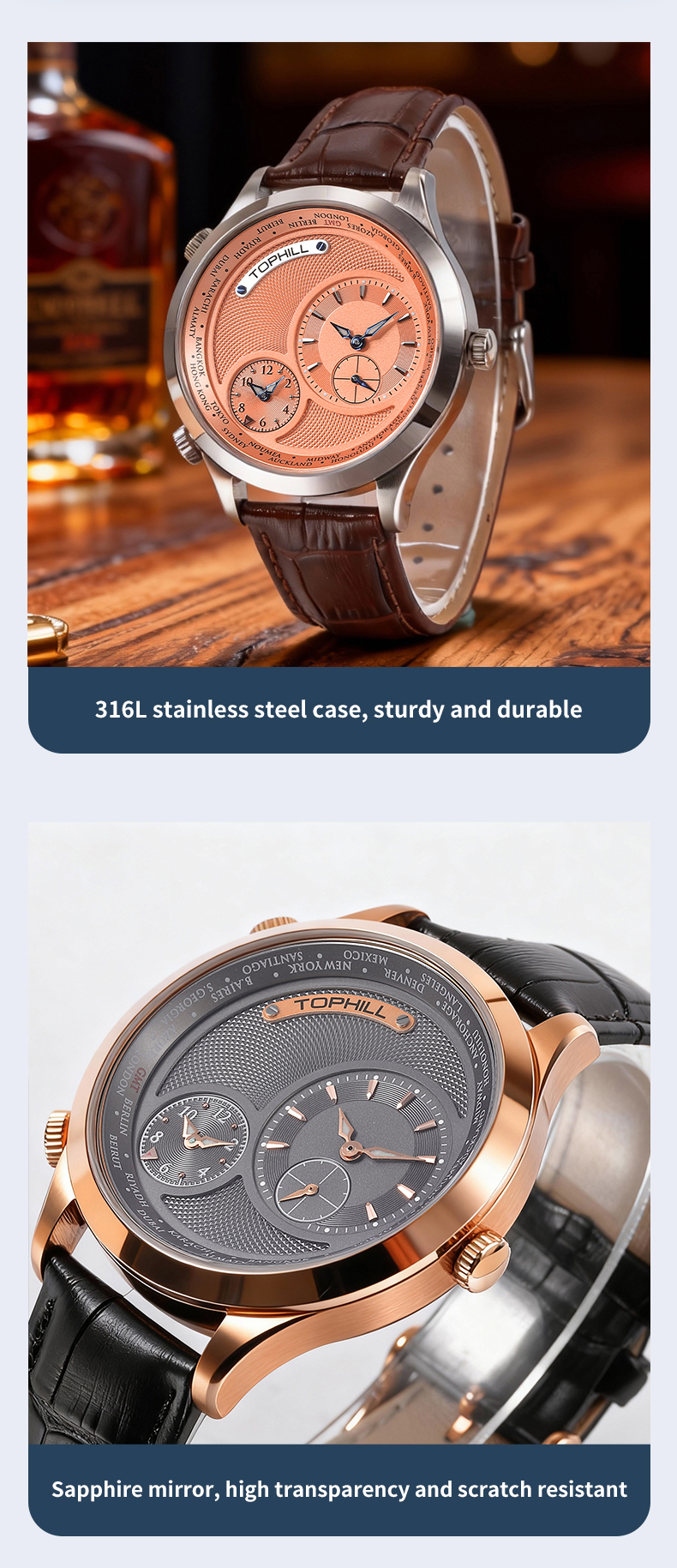 A designer watch featuring dual-movement design and world time function.(图3)