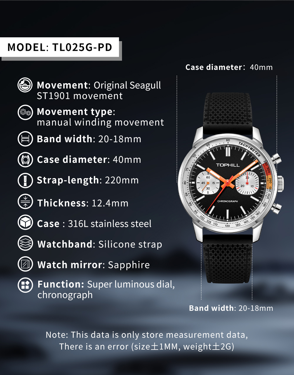 SeaGull ST19 Chronograph Watch, Multi-Hand Multi-Function Watch, Model TL025G(图3)